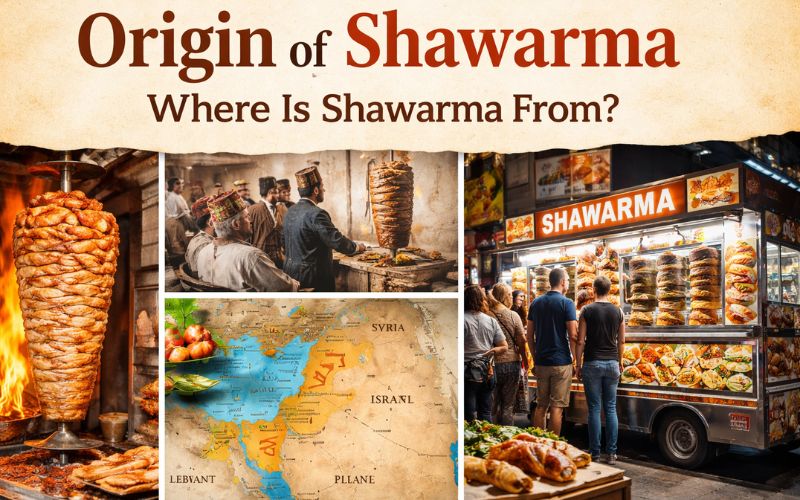 Origin of Shawarma in the Middle East with traditional vertical spit roasting