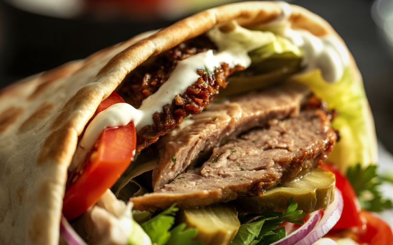 Oven-baked chicken shawarma sliced thinly for wraps