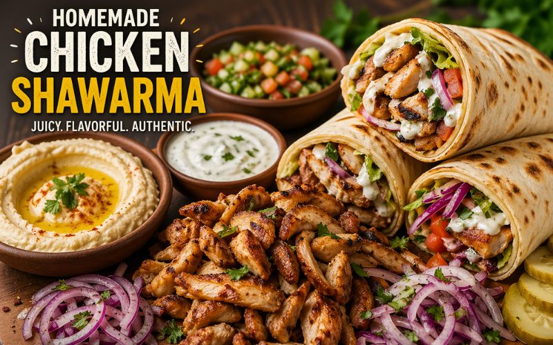 Delicious shawarma recipes featuring homemade chicken shawarma wraps with authentic spices and garlic sauce