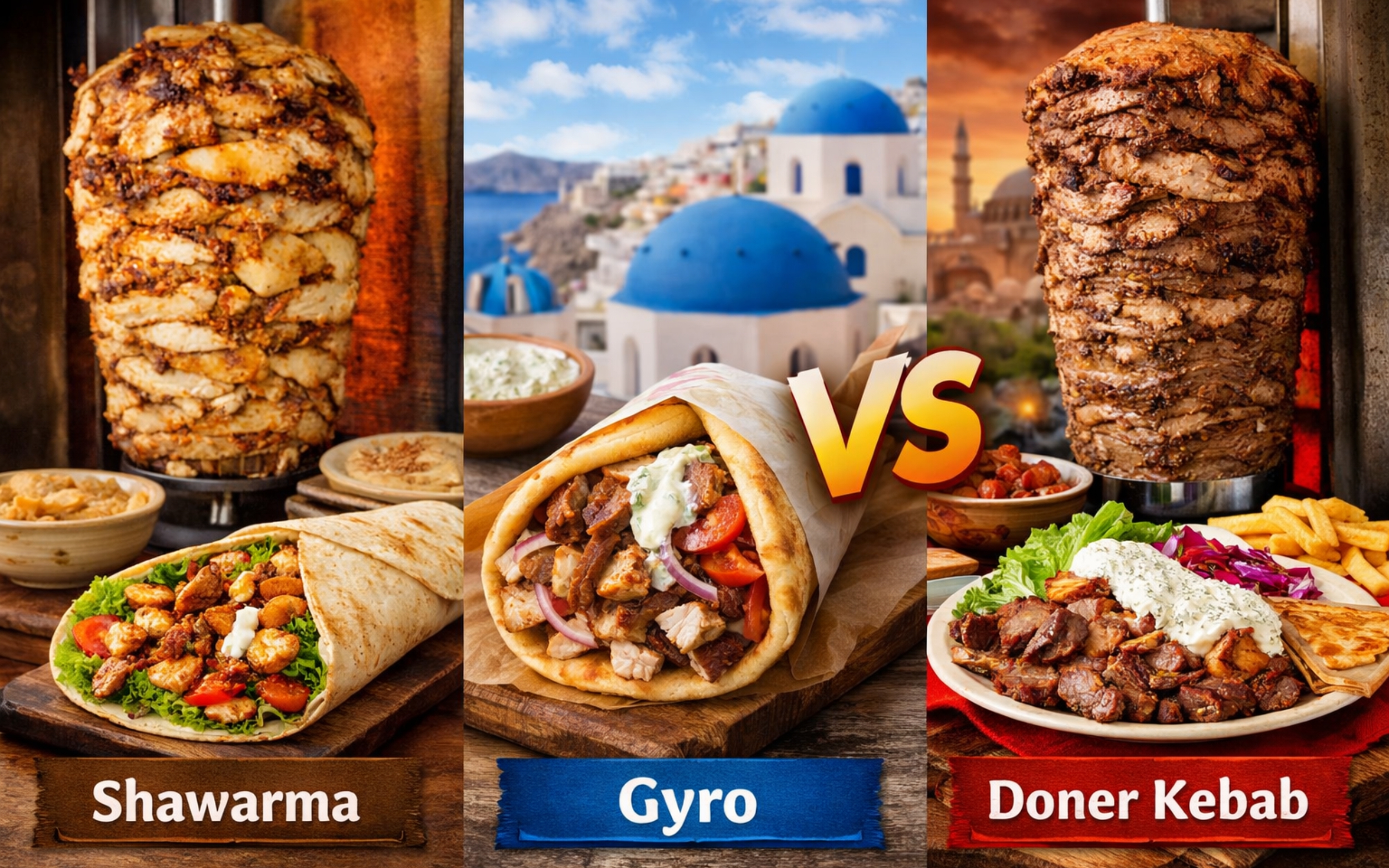 Shawarma vs Gyro vs Doner Kebab comparison with vertical rotisserie meat and wraps