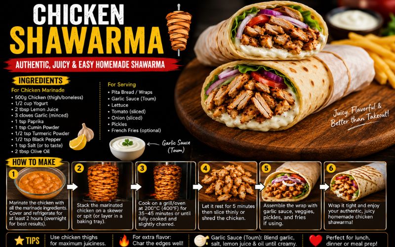 Chicken shawarma recipe with pita bread and garlic sauce